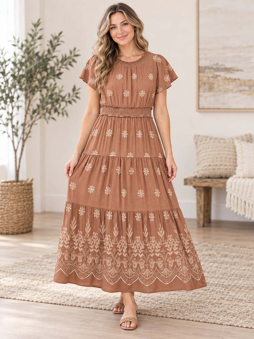 KIRUNDO Rust Floral Embroidered Smocked Waist Tiered Maxi Dress XL Boho